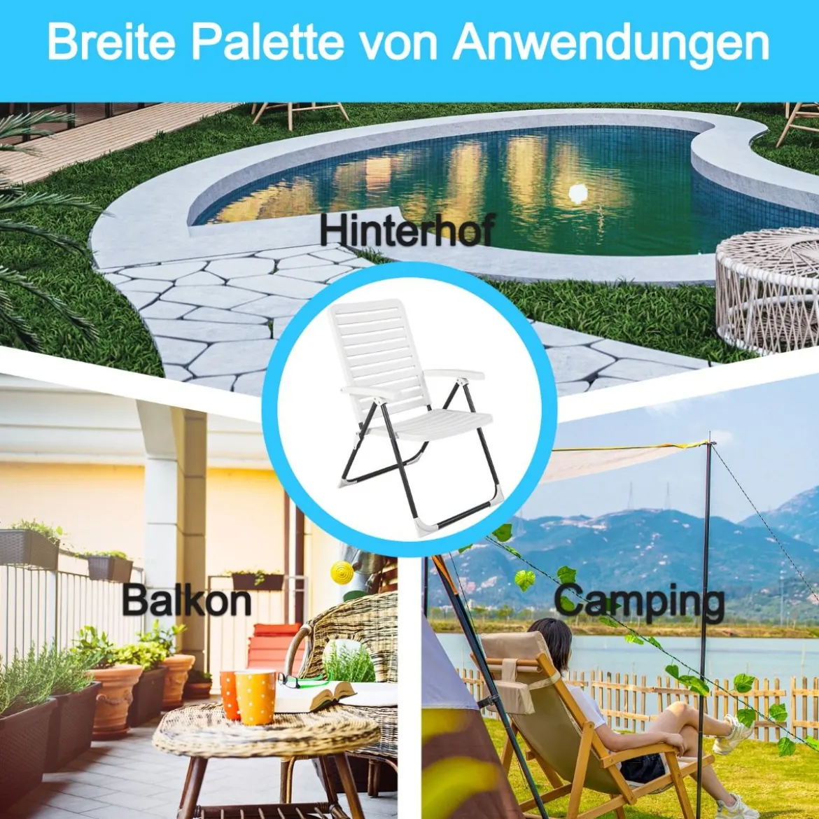 Gartenstühle 2er Set Klappstühle mit 7-Fach Verstellbarer Rückenlehne Weiß