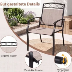 Gartenstühle 2er Set Wetterfeste Terrassenstühle aus Atmungsaktivem Stoff mit Breiter Sitzfläche Braun