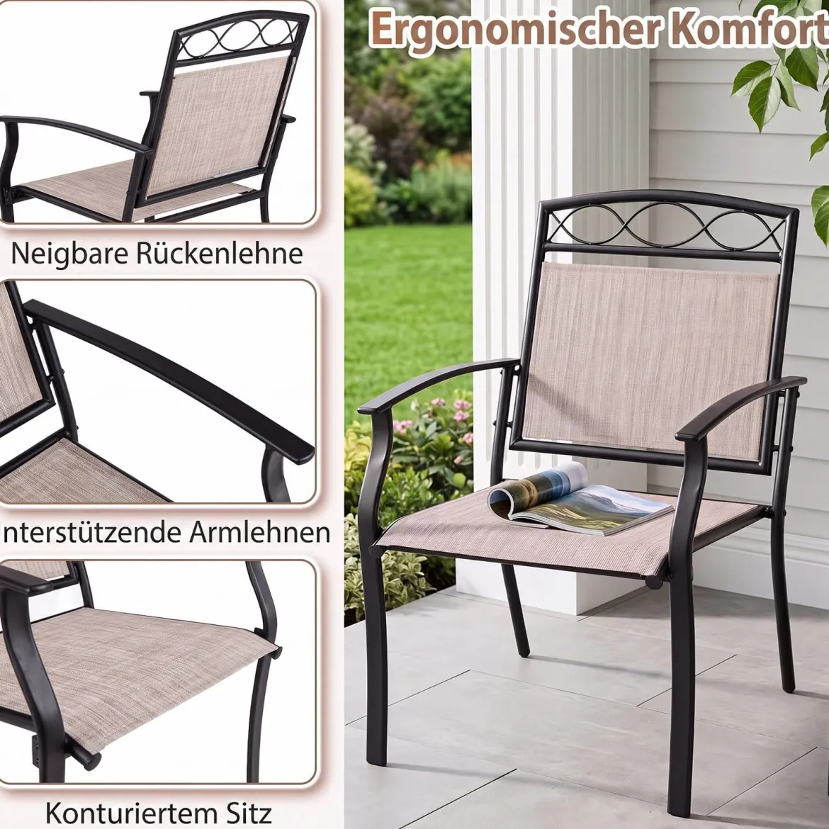 Gartenstühle 2er Set Wetterfeste Terrassenstühle aus Atmungsaktivem Stoff mit Breiter Sitzfläche Braun