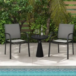 Gartenstühle stapelbar 2er Set Stapelstühle aus Textilene und Metallgestell Terrassenstühle mit Armlehnen 61 x 58 x 85 cm Grau
