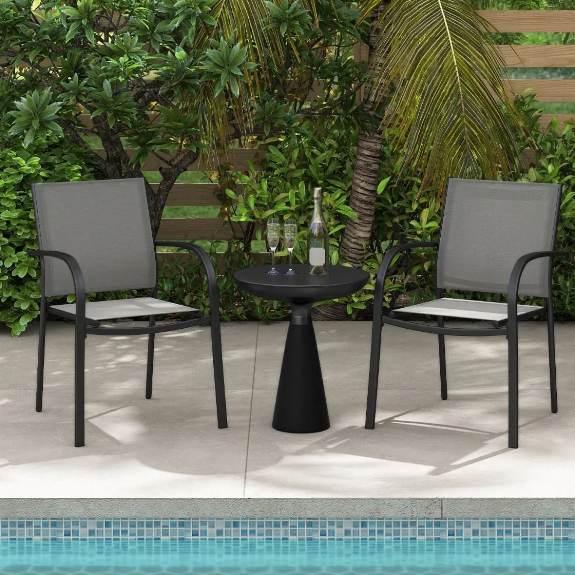 Gartenstühle stapelbar 2er Set Stapelstühle aus Textilene und Metallgestell Terrassenstühle mit Armlehnen 61 x 58 x 85 cm Grau
