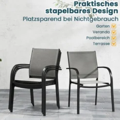 Gartenstühle stapelbar 2er Set Stapelstühle aus Textilene und Metallgestell Terrassenstühle mit Armlehnen 61 x 58 x 85 cm Grau