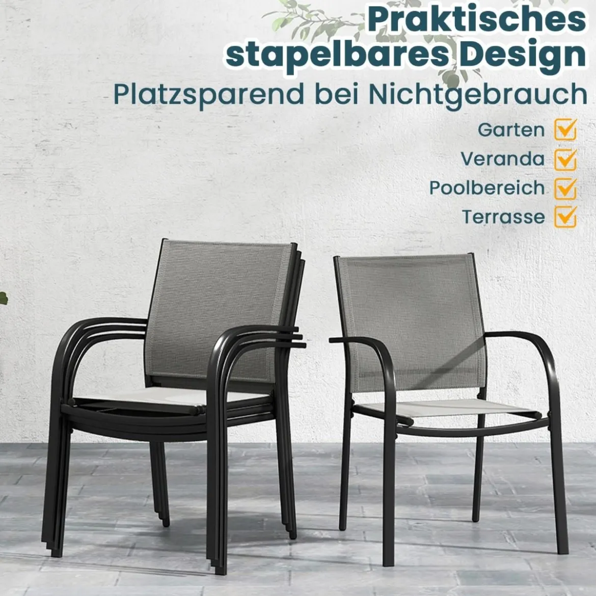 Gartenstühle stapelbar 2er Set Stapelstühle aus Textilene und Metallgestell Terrassenstühle mit Armlehnen 61 x 58 x 85 cm Grau