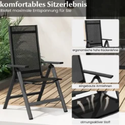 Gartenstuhl Alu wetterfester Klappstuhl mit 7-Fach Verstellbarer Rückenlehne Schwarz (1 Stück)