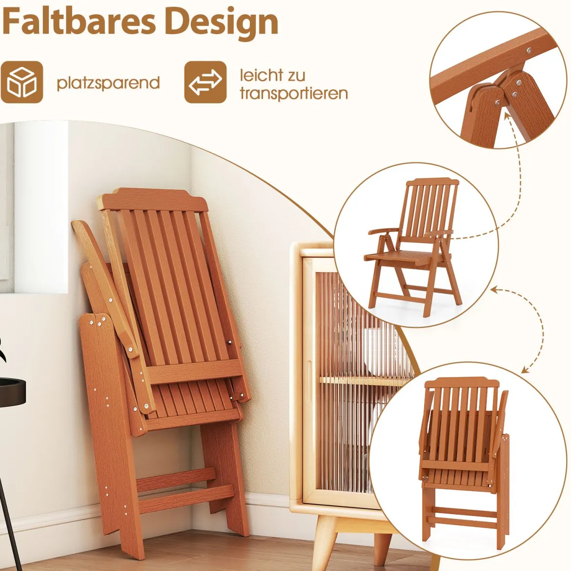 Gartenstuhl klappbar Hochlehner Klappstuhl aus Kunststoff wetterfester Balkonstuhl in Holzoptik Terrassenstuhl bis 150 kg belastbar Braun