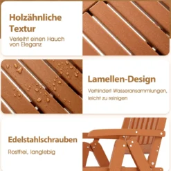 Gartenstuhl klappbar Hochlehner Klappstuhl aus Kunststoff wetterfester Balkonstuhl in Holzoptik Terrassenstuhl bis 150 kg belastbar Braun