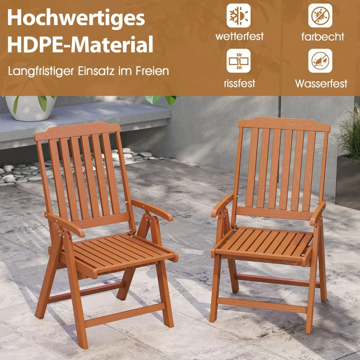 Gartenstuhl klappbar Hochlehner Klappstuhl aus Kunststoff wetterfester Balkonstuhl in Holzoptik Terrassenstuhl bis 150 kg belastbar Braun