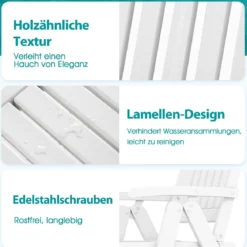 Gartenstuhl klappbar Hochlehner Klappstuhl aus Kunststoff wetterfester Balkonstuhl in Holzoptik Terrassenstuhl bis 150 kg belastbar Weiß
