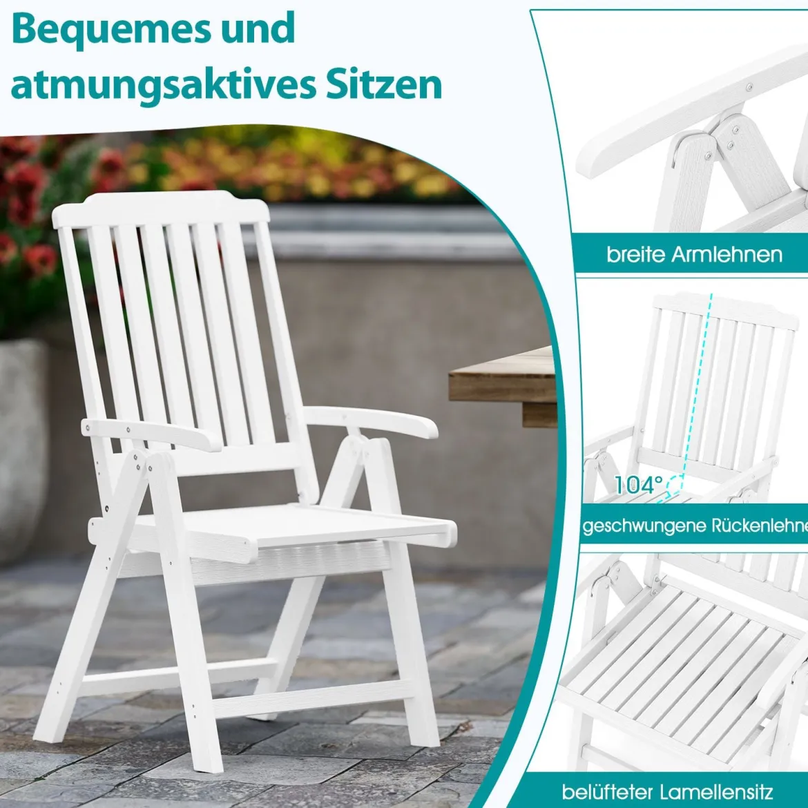 Gartenstuhl klappbar Hochlehner Klappstuhl aus Kunststoff wetterfester Balkonstuhl in Holzoptik Terrassenstuhl bis 150 kg belastbar Weiß