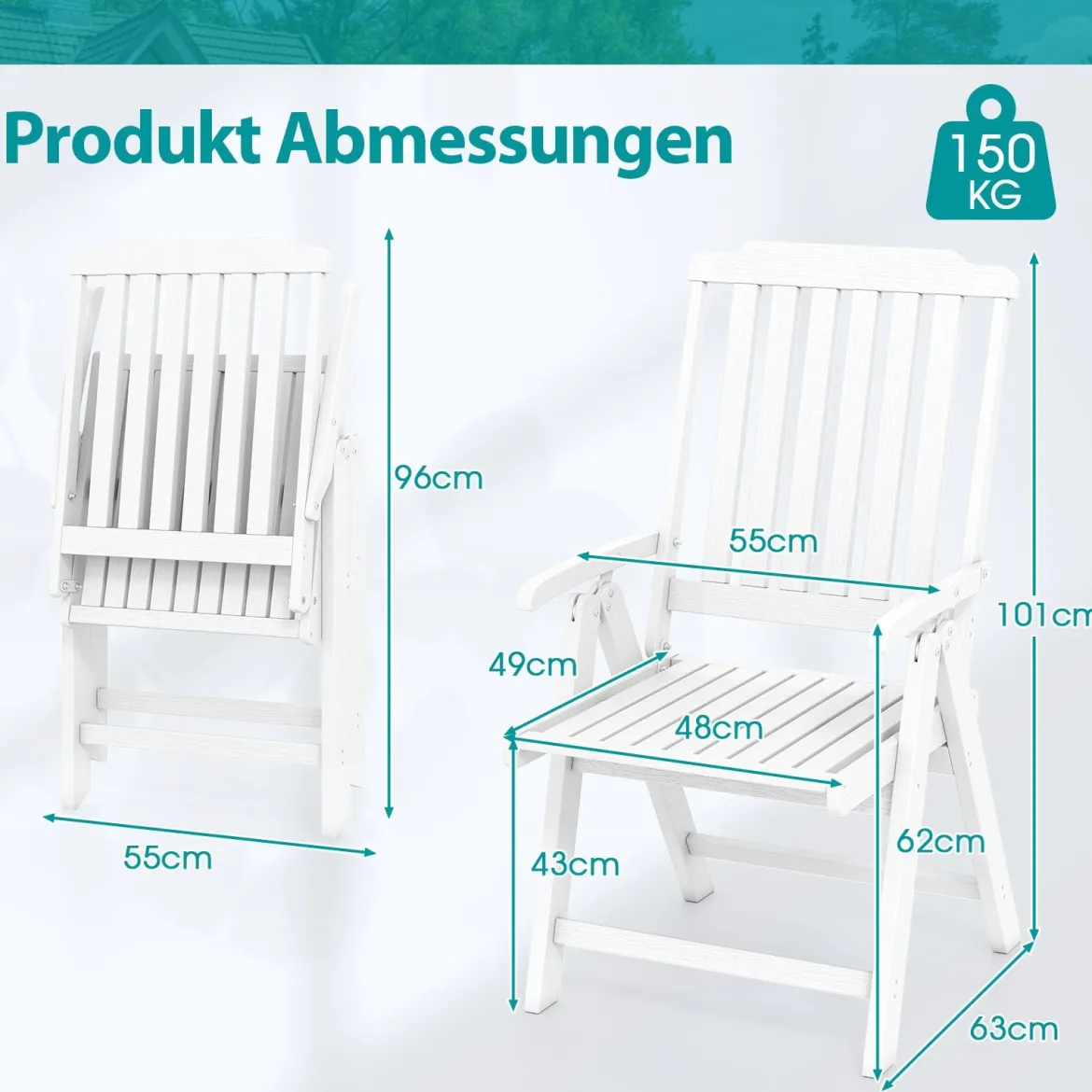 Gartenstuhl klappbar Hochlehner Klappstuhl aus Kunststoff wetterfester Balkonstuhl in Holzoptik Terrassenstuhl bis 150 kg belastbar Weiß