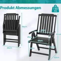 Gartenstuhl klappbar Hochlehner Klappstuhl aus Kunststoff wetterfester Balkonstuhl in Holzoptik Terrassenstuhl bis 150 kg belastbar Schwarz