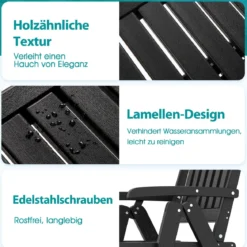Gartenstuhl klappbar Hochlehner Klappstuhl aus Kunststoff wetterfester Balkonstuhl in Holzoptik Terrassenstuhl bis 150 kg belastbar Schwarz