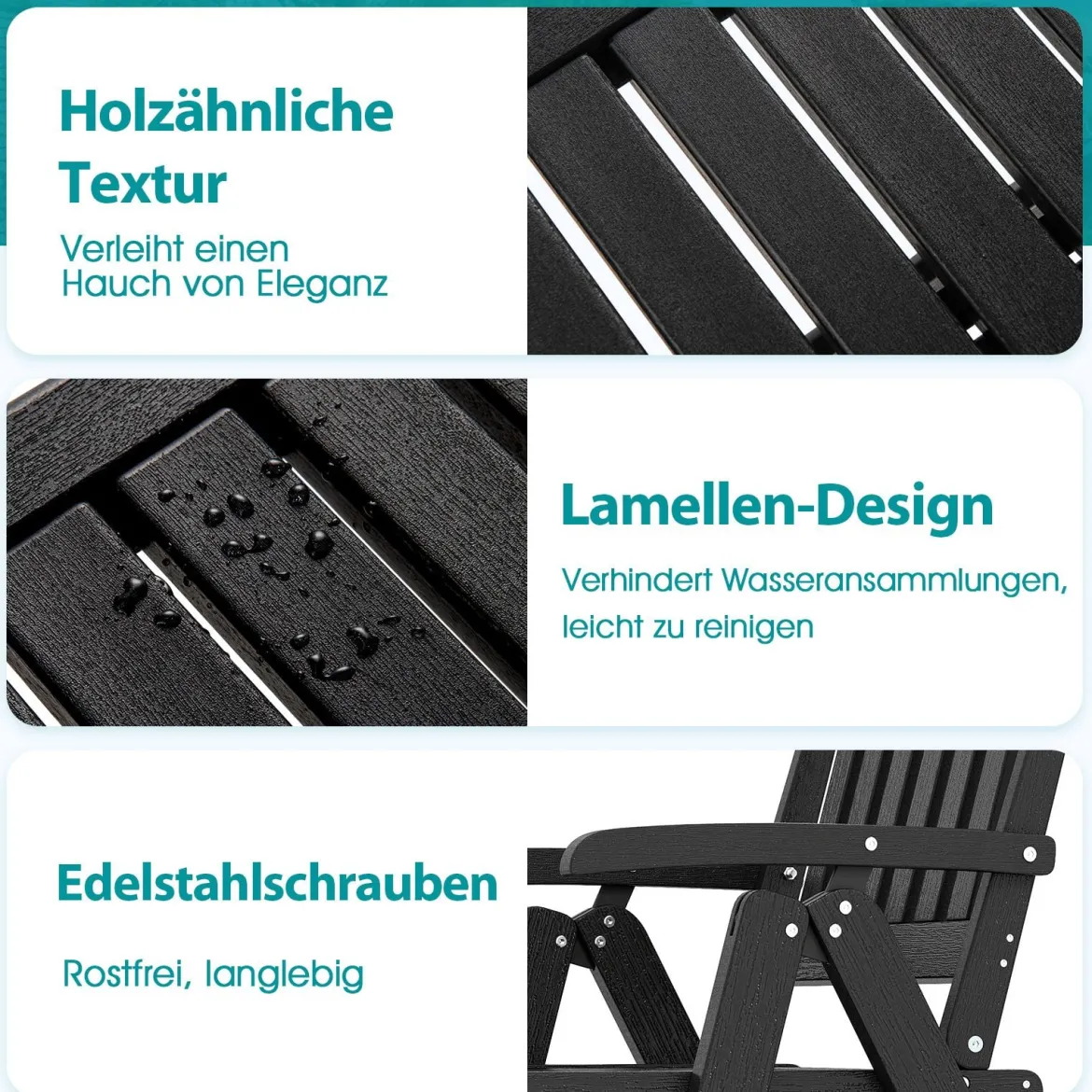 Gartenstuhl klappbar Hochlehner Klappstuhl aus Kunststoff wetterfester Balkonstuhl in Holzoptik Terrassenstuhl bis 150 kg belastbar Schwarz