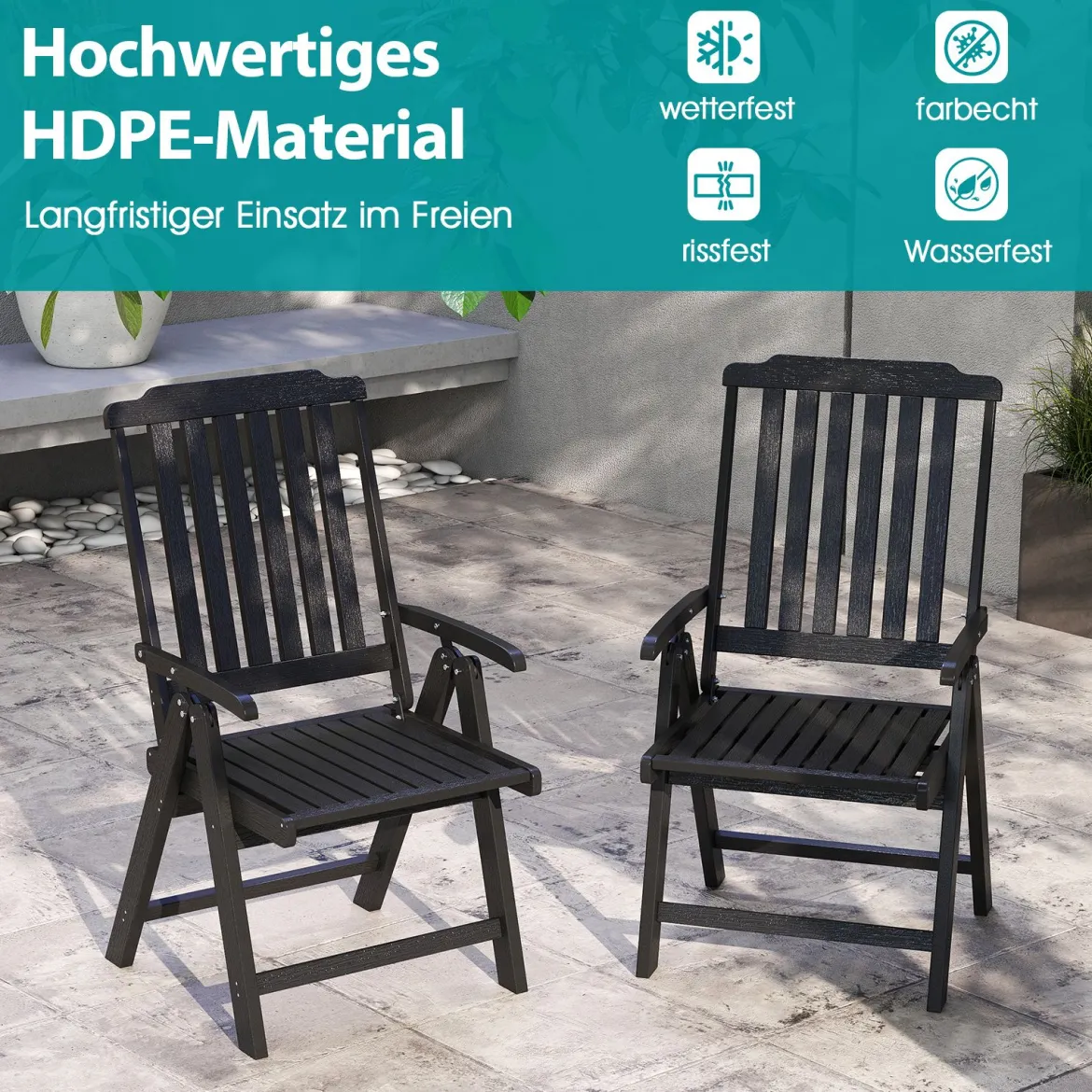 Gartenstuhl klappbar Hochlehner Klappstuhl aus Kunststoff wetterfester Balkonstuhl in Holzoptik Terrassenstuhl bis 150 kg belastbar Schwarz