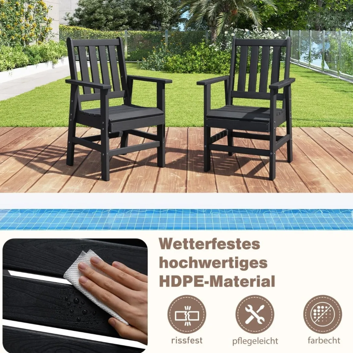 Gartenstuhl Kunststoff wetterfester Balkonstuhl aus HDPE Gartensessel in Holzoptik Schwarz