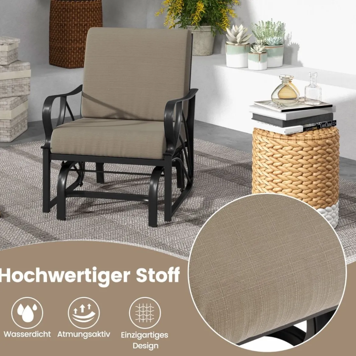 Gartenstuhl mit Schaukelfunktion & Weich Gepolstertem Kissen Schaukelstuhl Braun