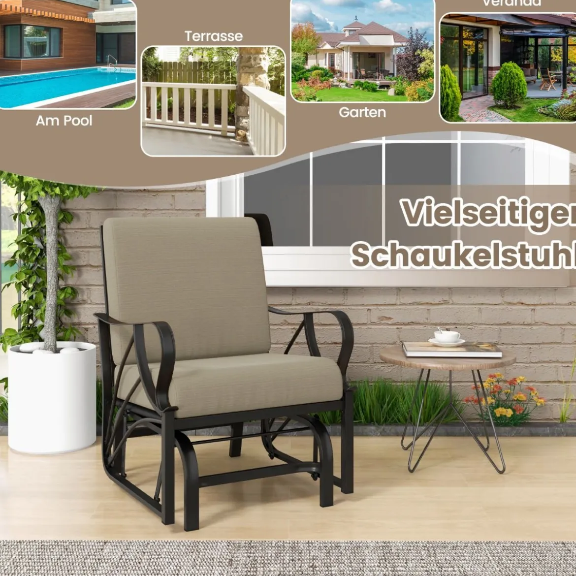 Gartenstuhl mit Schaukelfunktion & Weich Gepolstertem Kissen Schaukelstuhl Braun