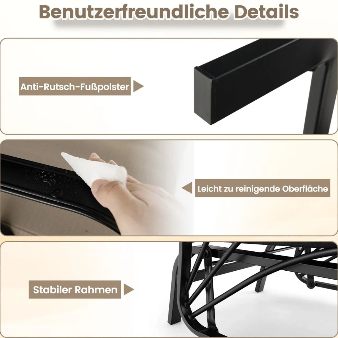 Gartenstuhl mit Schaukelfunktion & Weich Gepolstertem Kissen Schaukelstuhl Braun
