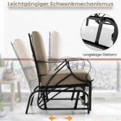 Gartenstuhl mit Schaukelfunktion & Weich Gepolstertem Kissen Schaukelstuhl Braun