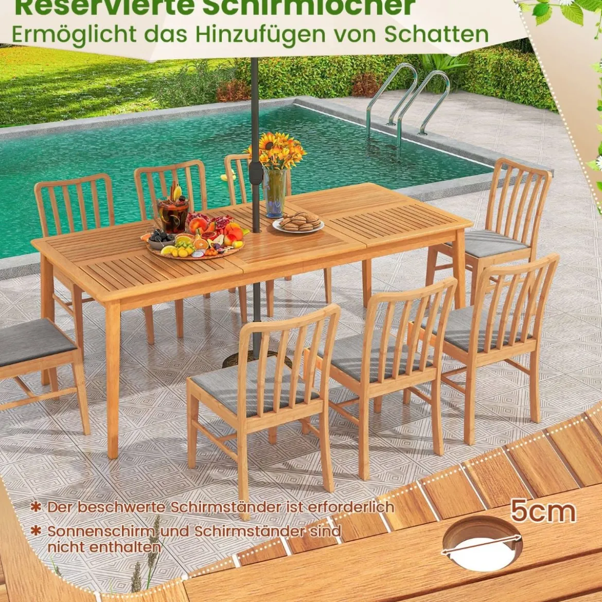 Gartentisch Akazienholz 200 x 90 cm großer Terrassentisch für 8 Personen Natur