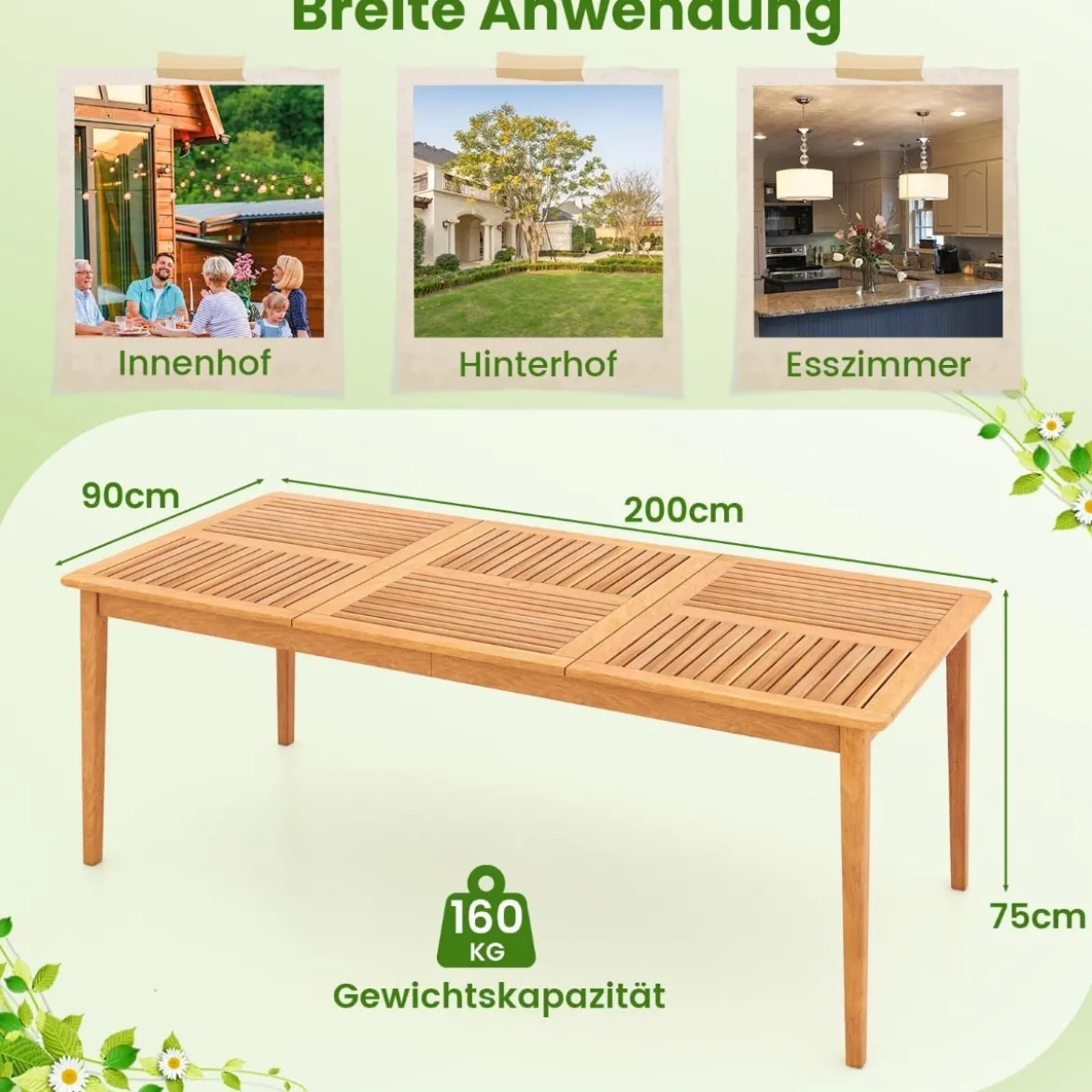Gartentisch Akazienholz 200 x 90 cm großer Terrassentisch für 8 Personen Natur