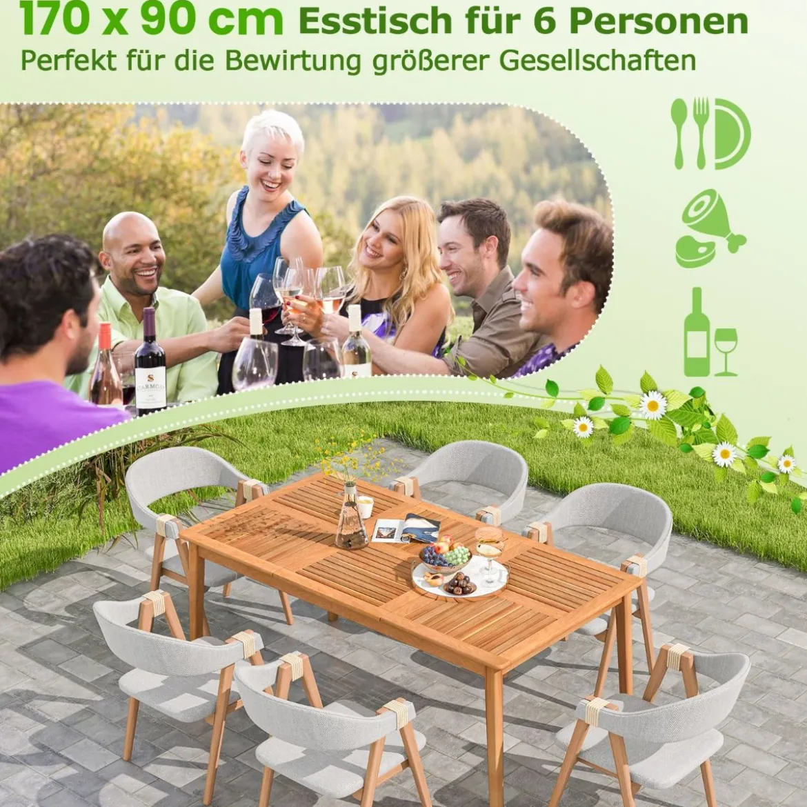 Gartentisch Akazienholz 170 x 90 cm großer Terrassentisch für 6 Personen Natur