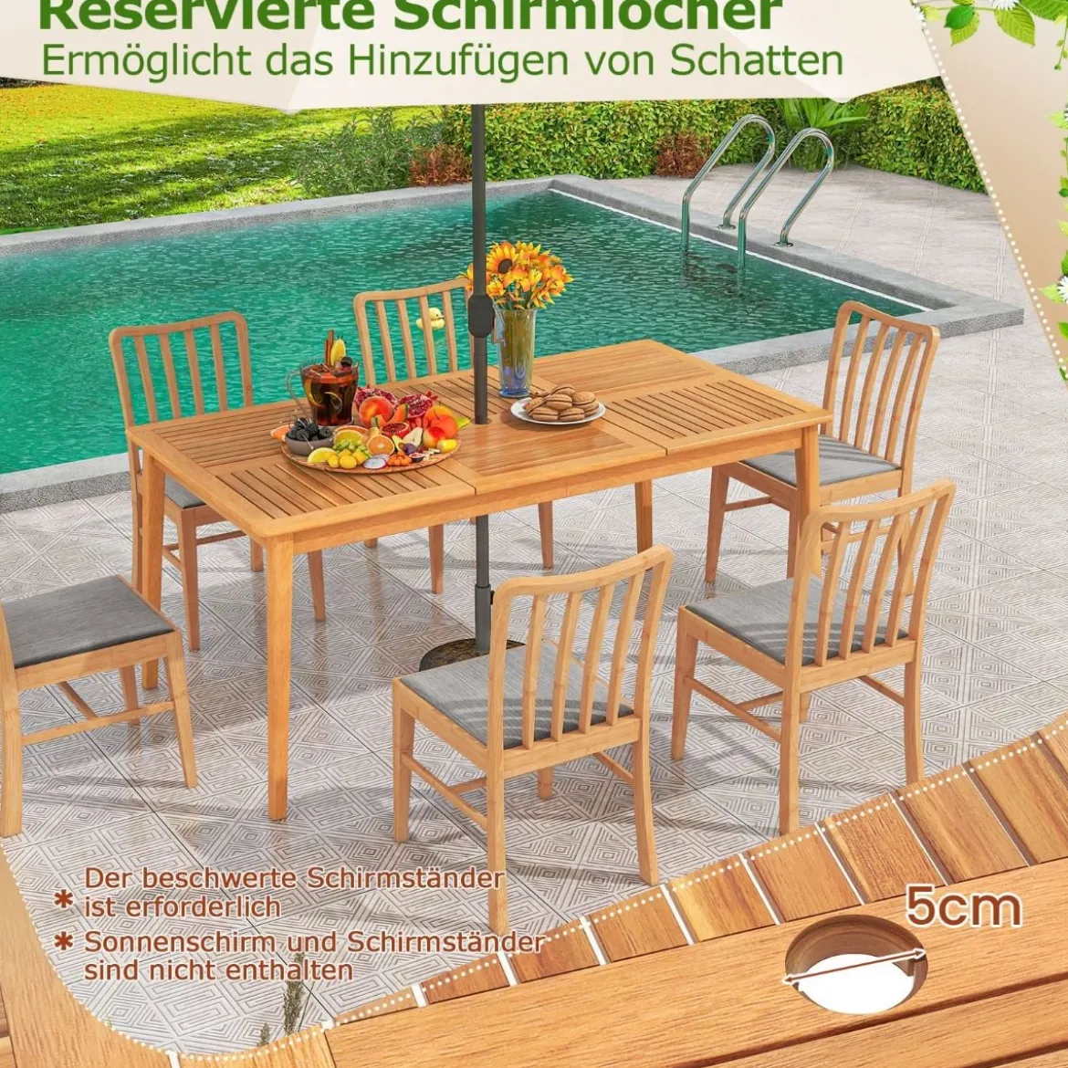 Gartentisch Akazienholz 170 x 90 cm großer Terrassentisch für 6 Personen Natur