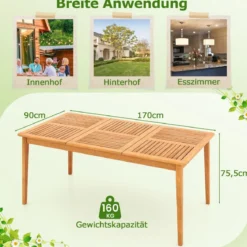 Gartentisch Akazienholz 170 x 90 cm großer Terrassentisch für 6 Personen Natur