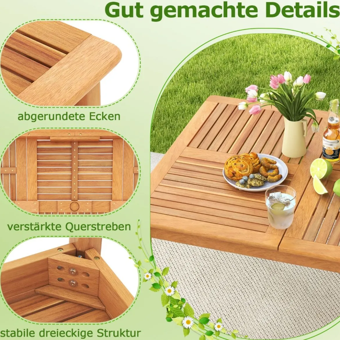 Gartentisch Akazienholz 170 x 90 cm großer Terrassentisch für 6 Personen Natur