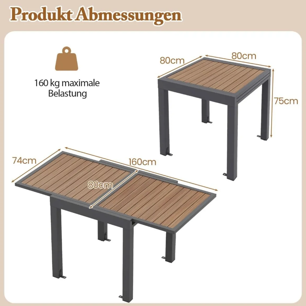 Gartentisch Aluminium ausziehbar 80/160 x 80 cm wetterfester Esstisch mit Tischplatte in Holzoptik
