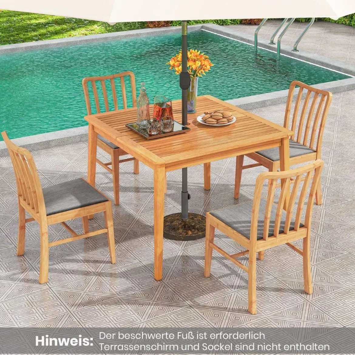 Gartentisch aus Akazienholz mit Schirmloch Terrassentisch Quadratischer Balkontisch