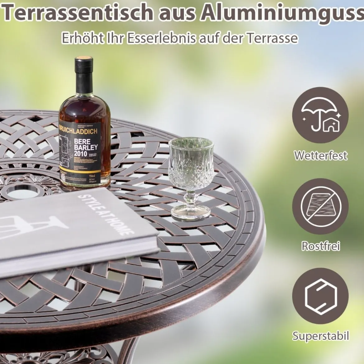 Gartentisch aus Aluminiumguss mit Schirmloch & Unterer Ablage Wetterfester Balkontisch