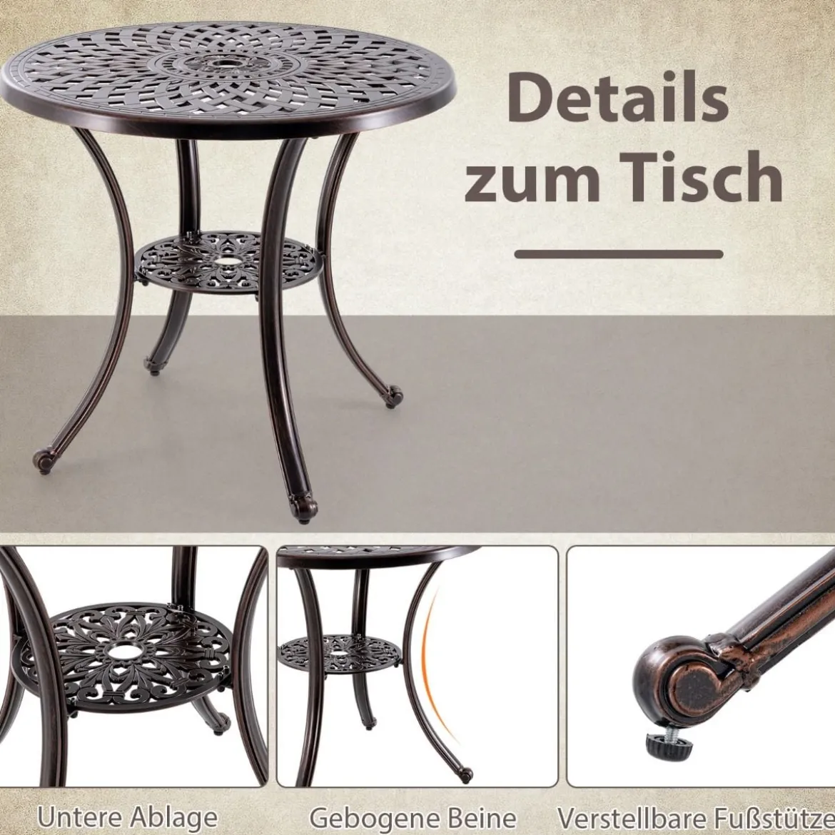 Gartentisch aus Aluminiumguss mit Schirmloch & Unterer Ablage Wetterfester Balkontisch