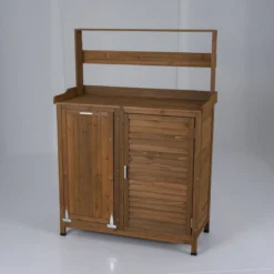 Gartentisch aus Holz mit Pflanztisch Außenlagerungsschrank mit verstellbarem Regal Natur