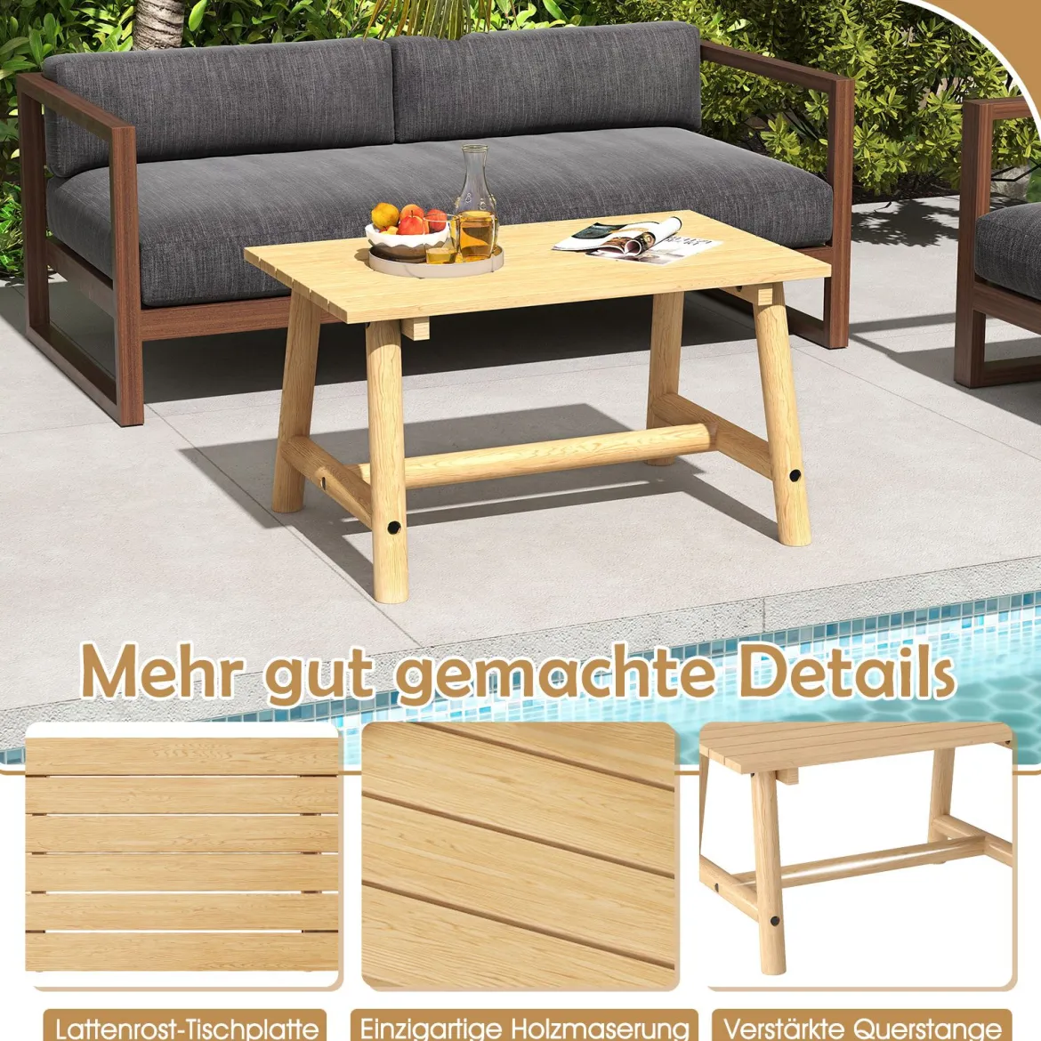 Gartentisch aus Massivholz rechteckiger Kaffeetisch mit Lattenrost Terrassentisch Balkontisch Natur