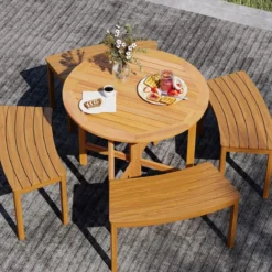 Gartentisch + 4er Gartenbank Set Ø 90 cm Klapptisch Sitzbank ohne Rückenlehne Holzbank Natur