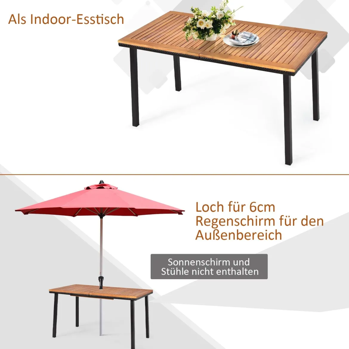 Gartentisch Esstisch mit Schirmloch Holztisch Terrassentisch Akazienholz 140 x 75 x 76 cm Natur