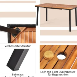 Gartentisch Esstisch mit Schirmloch Holztisch Terrassentisch Akazienholz 140 x 75 x 76 cm Natur