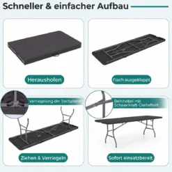 Gartentisch Klappbar 244 x 75 cm Campingtisch mit Tragegriff XXL für 10 Personen Schwarz