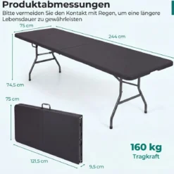 Gartentisch Klappbar 244 x 75 cm Campingtisch mit Tragegriff XXL für 10 Personen Schwarz