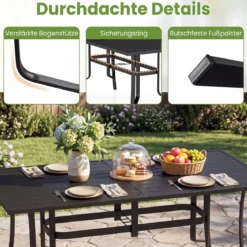 Gartentisch Metall Balkontisch mit Sonnenschirmloch Quadratischer Terrassentisch für 6 Personen