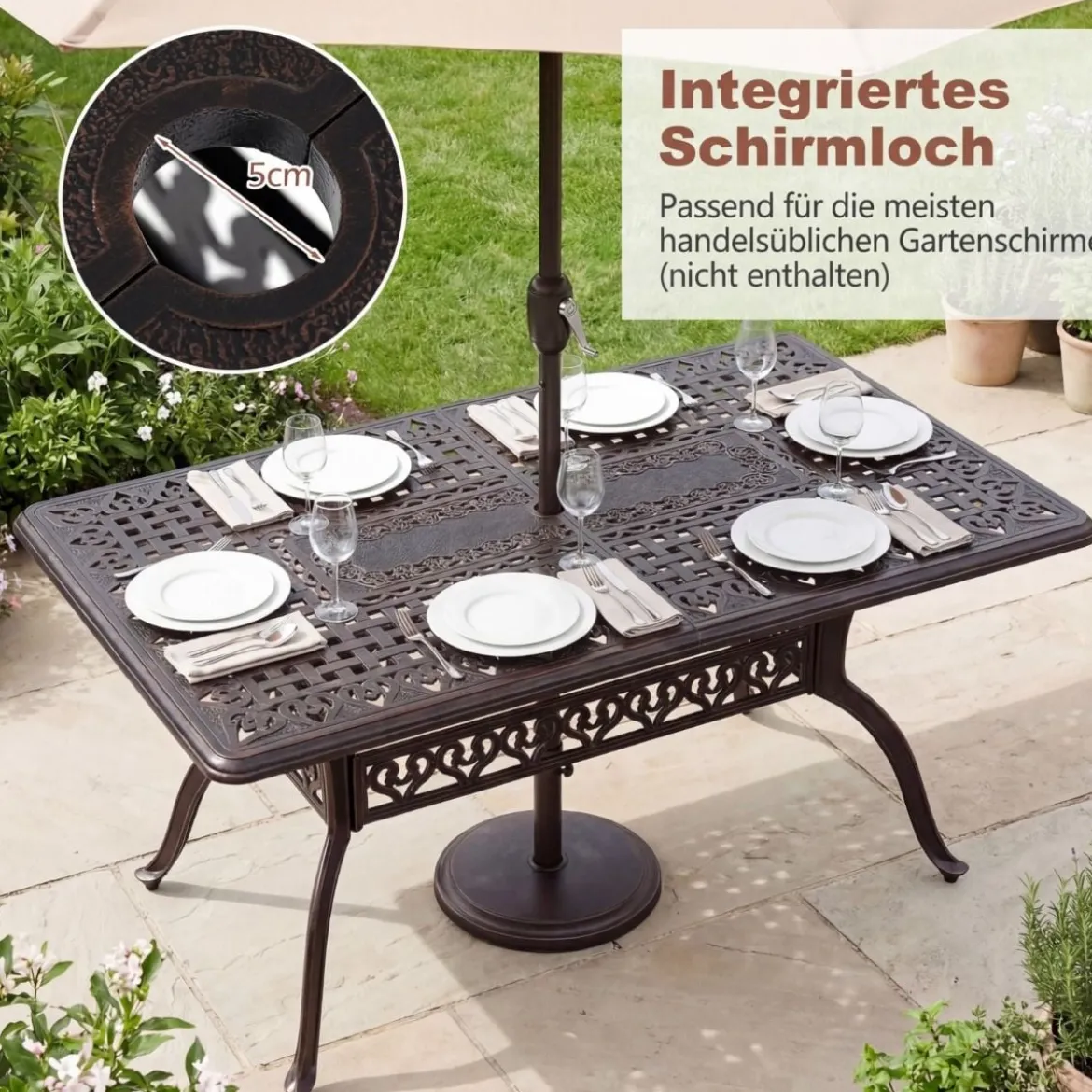Gartentisch mit Schirmloch aus Aluminiumguss Wetterfester Terrassentisch Balkontisch 150 x 90 cm
