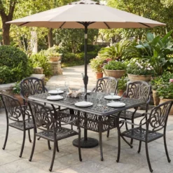 Gartentisch mit Schirmloch aus Aluminiumguss Wetterfester Terrassentisch Balkontisch 151 x 91 cm
