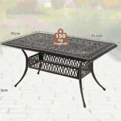 Gartentisch mit Schirmloch aus Aluminiumguss Wetterfester Terrassentisch Balkontisch 151 x 91 cm