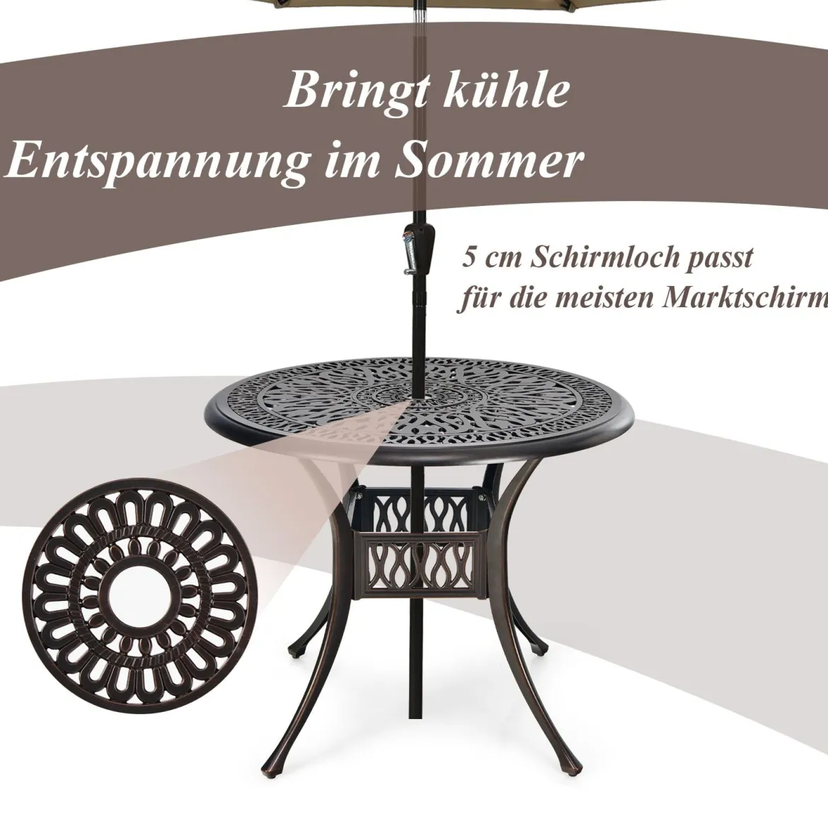 Gartentisch mit Schirmloch Ø 90 cm runder Balkontisch aus Aluminiumguss wetterfester Terrassentisch für Garten 90 x 90 x 72 cm