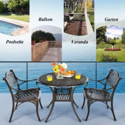 Gartentisch mit Schirmloch Ø 90 cm runder Balkontisch aus Aluminiumguss wetterfester Terrassentisch für Garten 90 x 90 x 72 cm