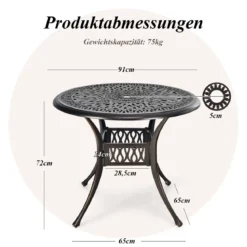 Gartentisch mit Schirmloch Ø 90 cm runder Balkontisch aus Aluminiumguss wetterfester Terrassentisch für Garten 90 x 90 x 72 cm