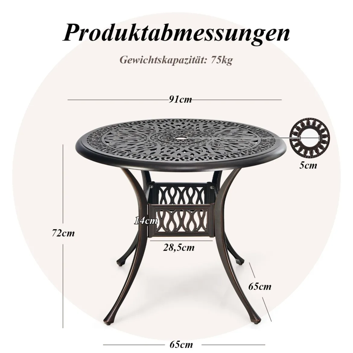 Gartentisch mit Schirmloch Ø 90 cm runder Balkontisch aus Aluminiumguss wetterfester Terrassentisch für Garten 90 x 90 x 72 cm