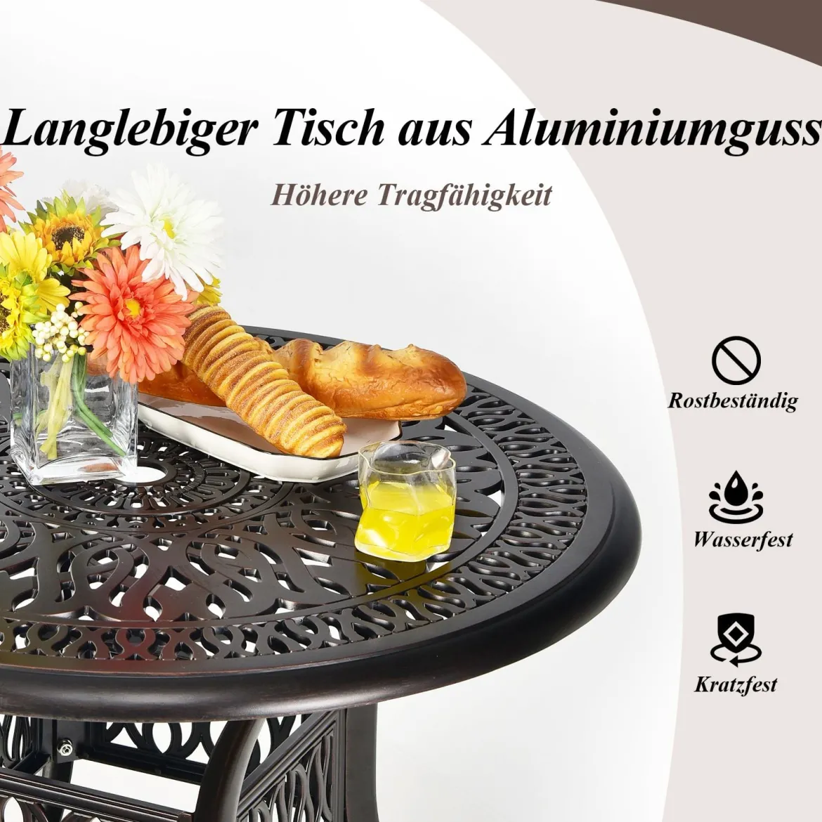 Gartentisch mit Schirmloch Ø 90 cm runder Balkontisch aus Aluminiumguss wetterfester Terrassentisch für Garten 90 x 90 x 72 cm