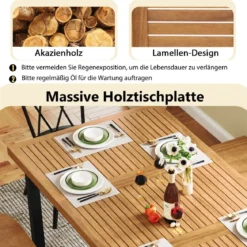 Gartentisch mit Schirmloch für 8 Personen Großer Terrassentisch aus Akazienholz Esstisch